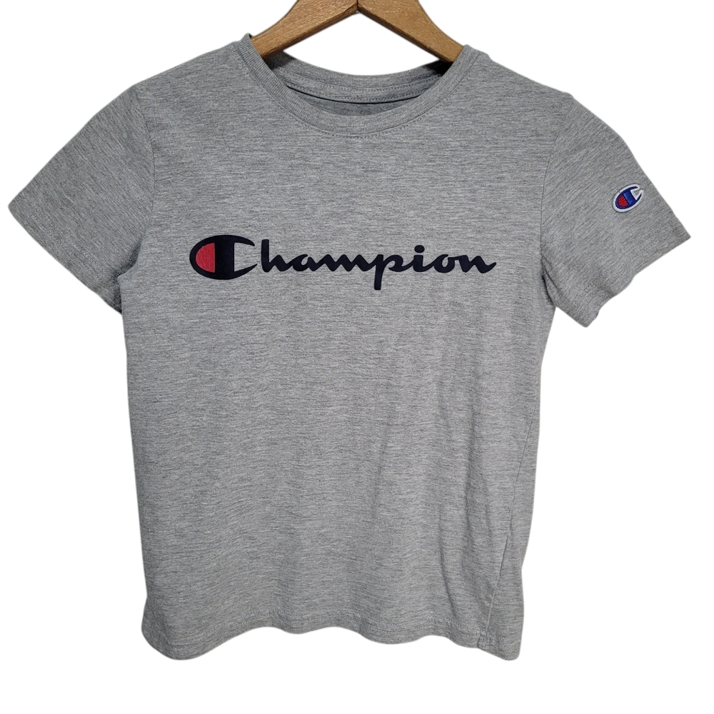 Champion Signature Script Tee Boy's Size Small Grey Logo Casual Everyday Play